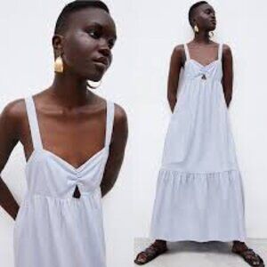 Zara Light Blue Ruched Tiered Sleeveless Maxi Dress
